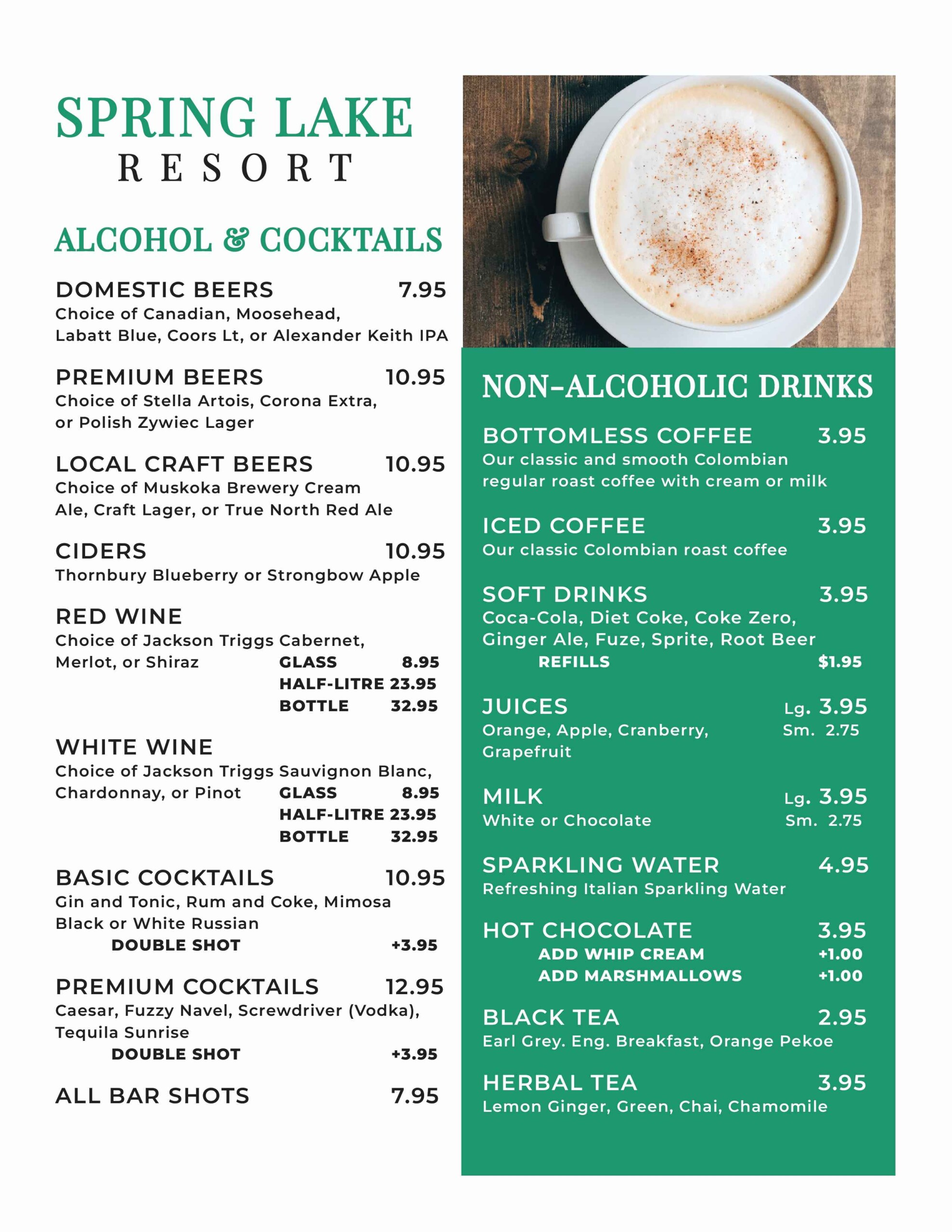 Spring Lake Resort drinks menu - alcohol, cocktails, and non-alcoholic drinks