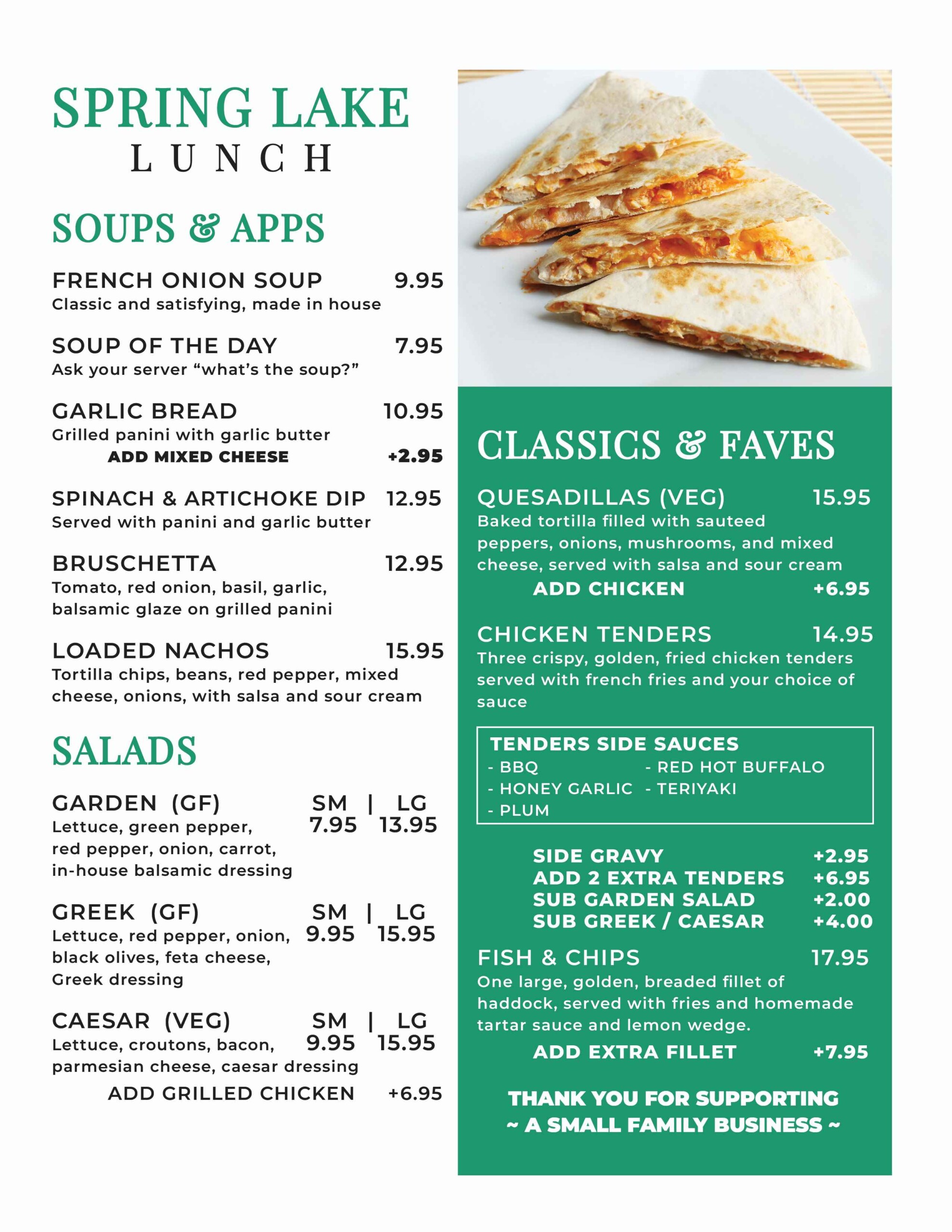 Spring Lake Resort lunch menu - sandwiches, burgers, pierogi, and kids meals