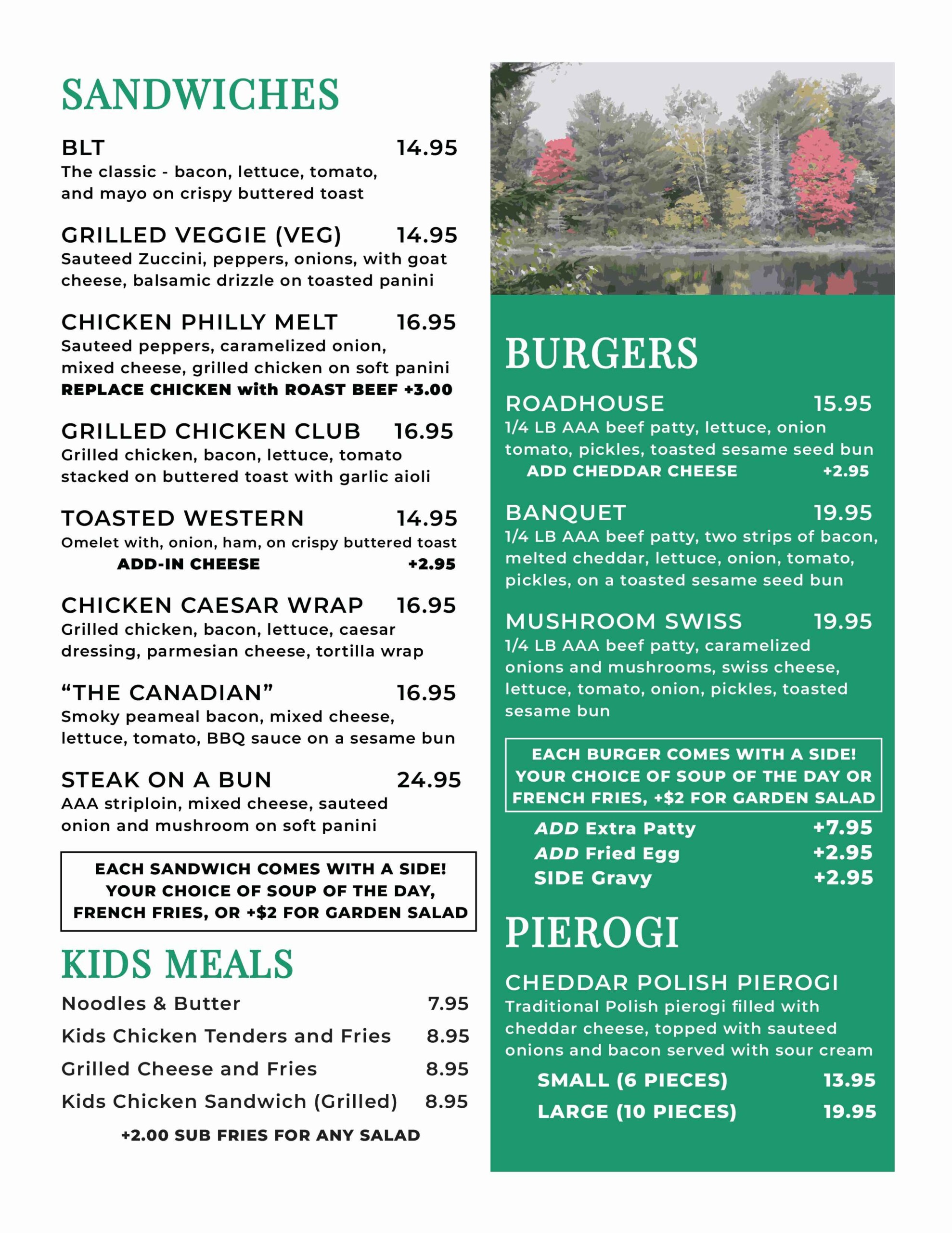Spring Lake Resort dinner menu - entrees, stir fry, and pasta, available after 5PM