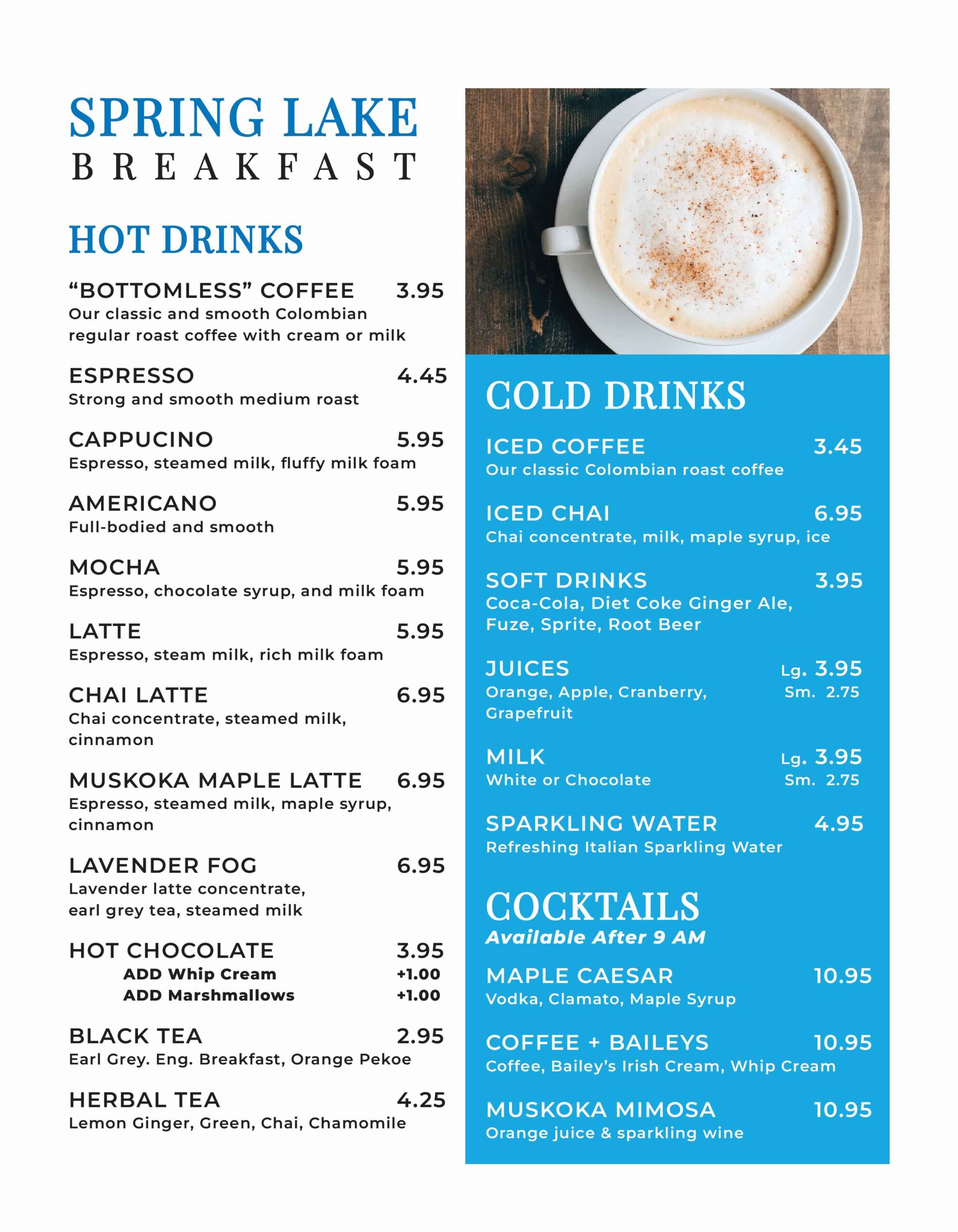 Spring Lake Resort breakfast menu - classic breakfast, sandwiches, sweet stuff, and sides