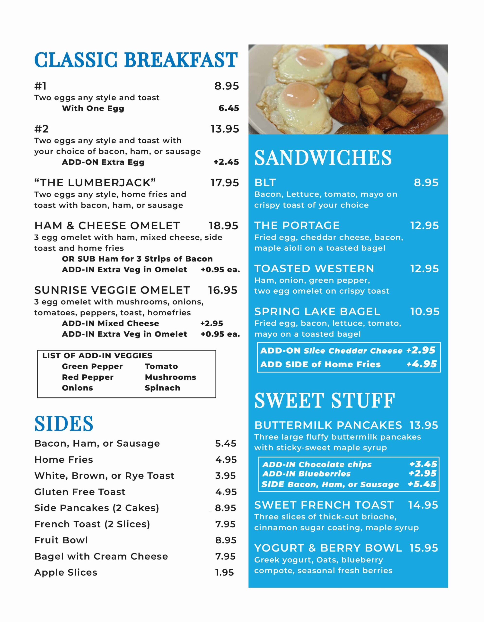 Spring Lake Resort breakfast drinks menu - hot drinks, cold drinks, and cocktails